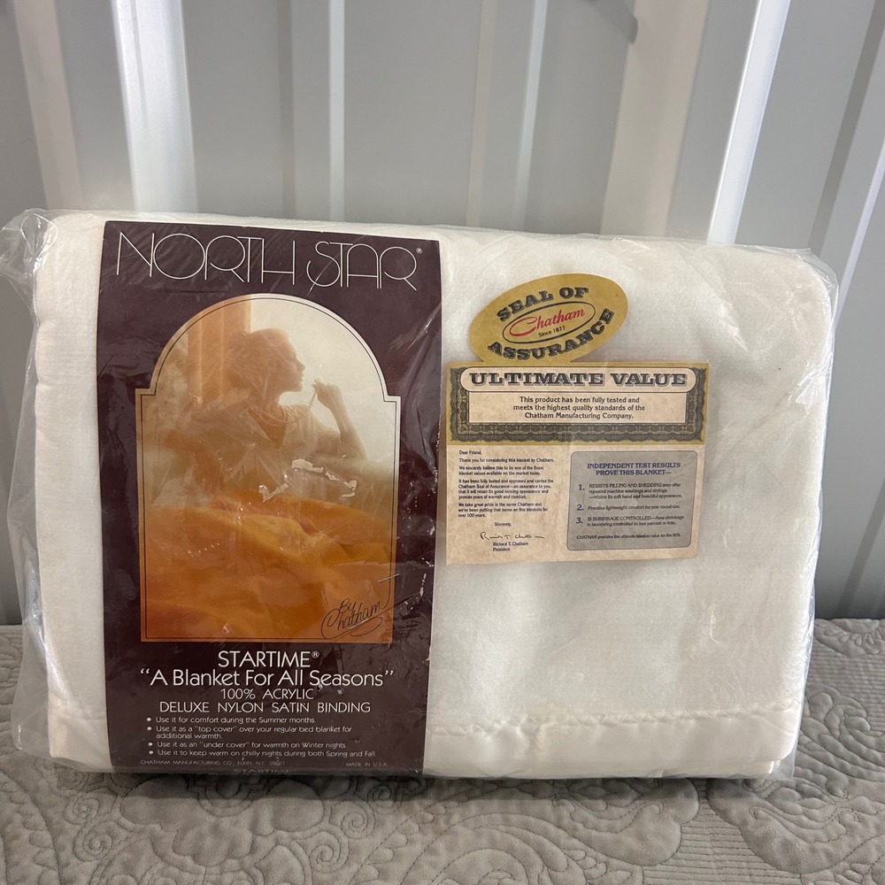 North Star Startime Vintage Blanket White Full 80x90 Acrylic Satin Trim USA New